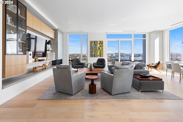 living room featuring expansive windows and light wood-type flooring