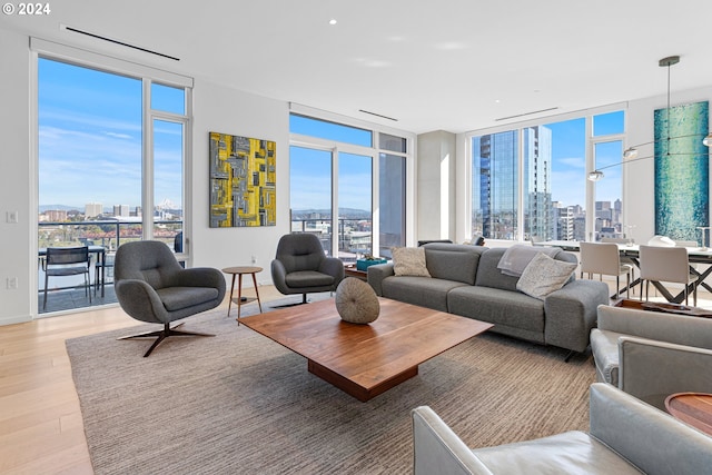 living room featuring expansive windows, light hardwood / wood-style flooring, and plenty of natural light