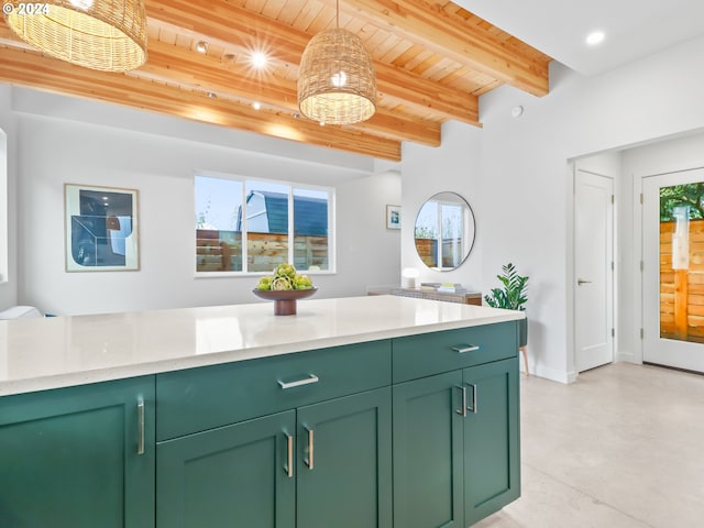 kitchen with pendant lighting, green cabinetry, wood ceiling, and beamed ceiling