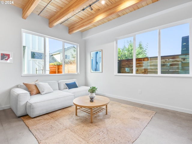 sunroom featuring beam ceiling, wood ceiling, and track lighting