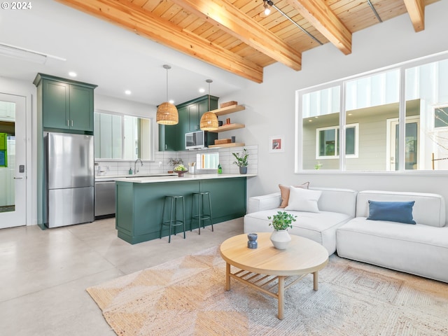 living room featuring sink, wooden ceiling, and beam ceiling