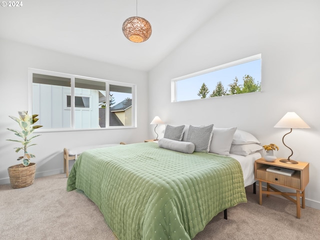 carpeted bedroom featuring lofted ceiling