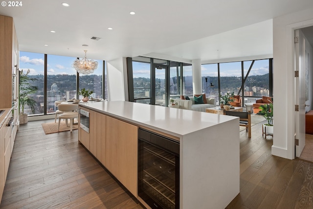 kitchen with beverage cooler, dark wood finished floors, modern cabinets, light countertops, and floor to ceiling windows