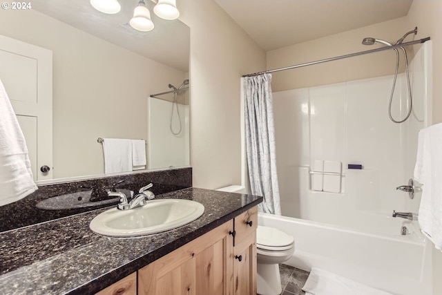 full bathroom featuring shower / tub combo with curtain, vanity, toilet, and tile patterned flooring