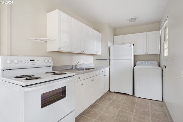 kitchen featuring white cabinetry, washer / clothes dryer, sink, and white appliances