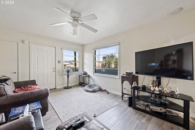 interior space featuring light hardwood / wood-style flooring and ceiling fan