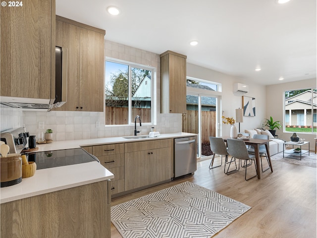 kitchen with light hardwood / wood-style flooring, a healthy amount of sunlight, sink, and dishwasher