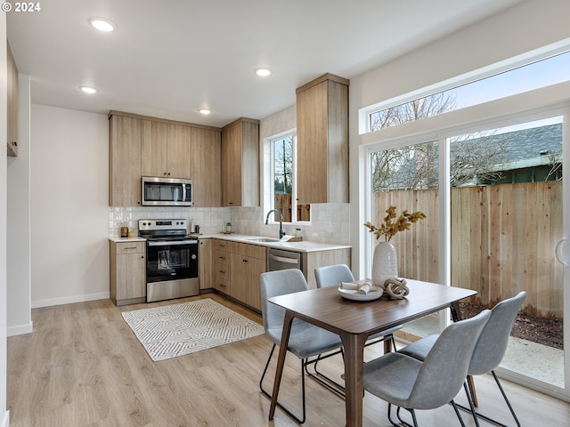 kitchen featuring tasteful backsplash, sink, light wood-type flooring, and stainless steel appliances