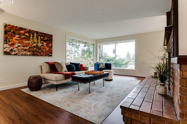 living room featuring a fireplace, baseboards, and wood finished floors