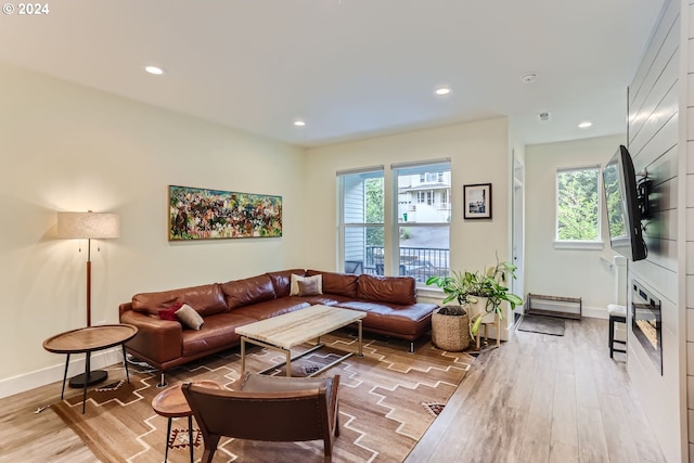 living room with a wealth of natural light and light hardwood / wood-style floors