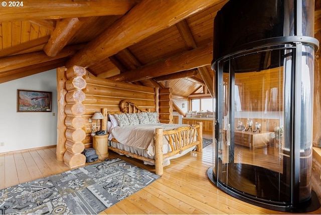 bedroom with rustic walls, wood ceiling, light wood-type flooring, and lofted ceiling with beams