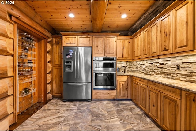 kitchen featuring appliances with stainless steel finishes, backsplash, wooden ceiling, light stone countertops, and beam ceiling