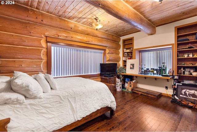 bedroom featuring dark hardwood / wood-style floors, beamed ceiling, and wood ceiling