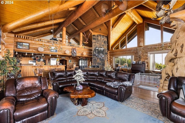 living room with hardwood / wood-style floors, high vaulted ceiling, wood ceiling, and beamed ceiling