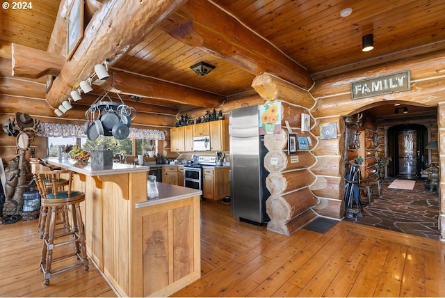 kitchen featuring log walls, white electric stove, a breakfast bar, light hardwood / wood-style flooring, and wooden ceiling