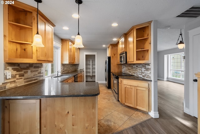 kitchen with kitchen peninsula, plenty of natural light, hanging light fixtures, and appliances with stainless steel finishes