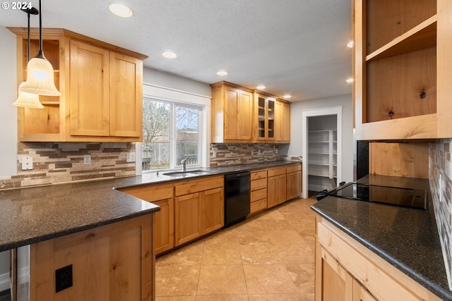 kitchen with backsplash, black appliances, sink, a textured ceiling, and decorative light fixtures