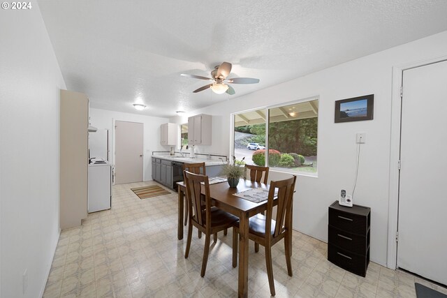 dining room featuring a textured ceiling, sink, and ceiling fan