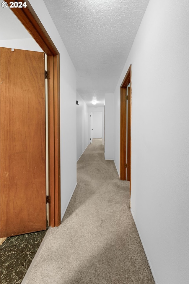 hallway featuring a textured ceiling and light colored carpet