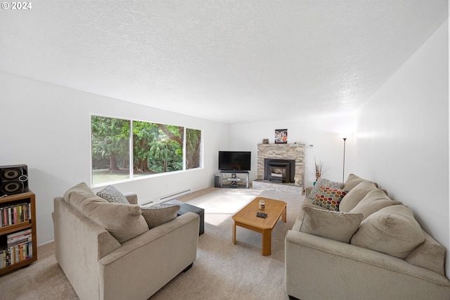 living room with a textured ceiling, a stone fireplace, a baseboard heating unit, and light carpet