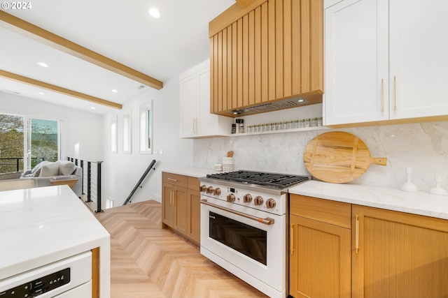 kitchen with light parquet floors, tasteful backsplash, white appliances, vaulted ceiling with beams, and light stone counters