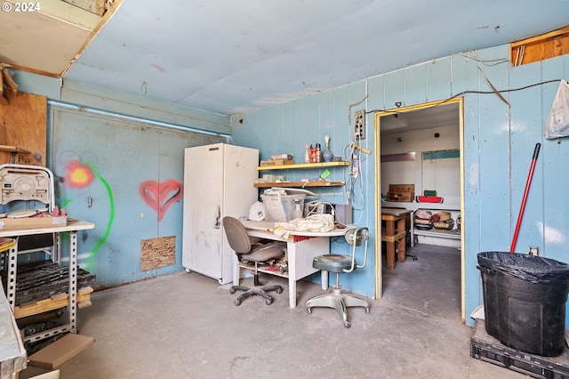 basement with white fridge