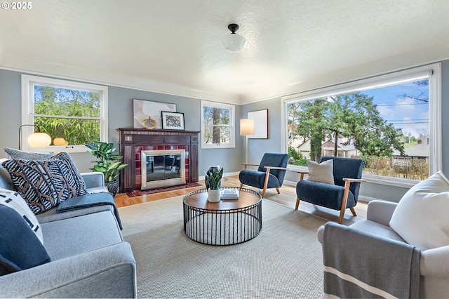 living room with hardwood / wood-style flooring and a textured ceiling