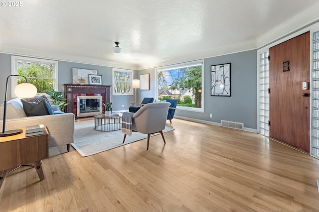 living room featuring a textured ceiling and light wood-type flooring