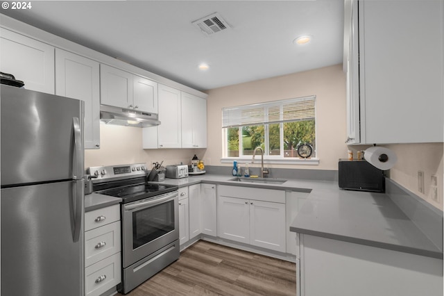 kitchen featuring wood-type flooring, white cabinets, stainless steel appliances, and sink