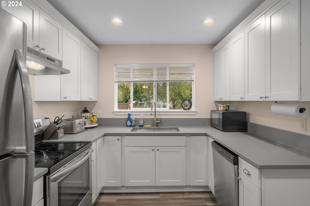 kitchen with appliances with stainless steel finishes, white cabinetry, sink, and dark wood-type flooring