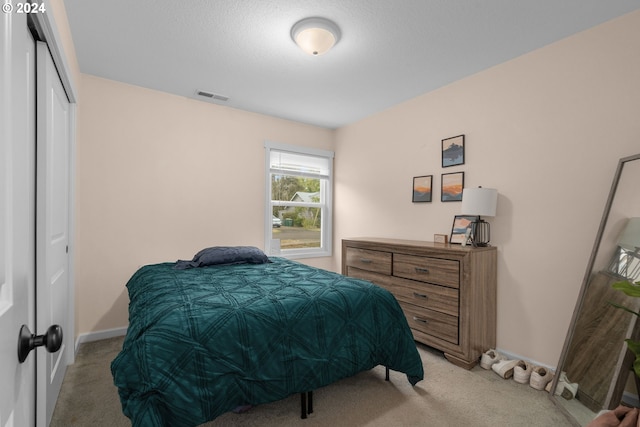 carpeted bedroom featuring a closet and a textured ceiling