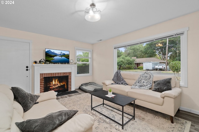 living room featuring wood-type flooring and a fireplace