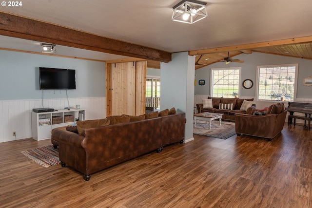 living room featuring vaulted ceiling with beams, hardwood / wood-style floors, and ceiling fan