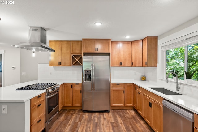 kitchen featuring dark hardwood / wood-style flooring, stainless steel appliances, sink, and wall chimney range hood