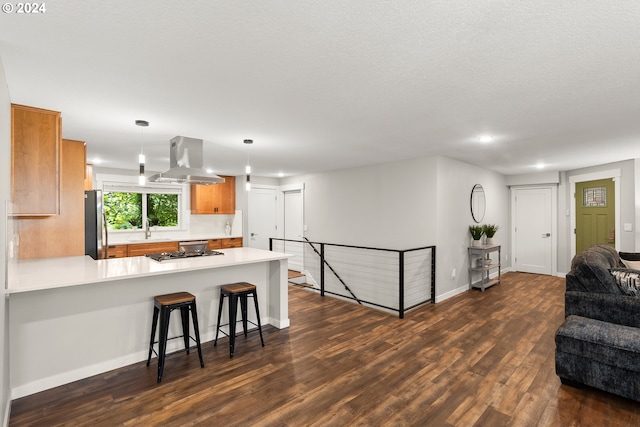 kitchen featuring island range hood, kitchen peninsula, pendant lighting, and dark hardwood / wood-style floors