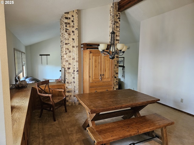 1550 NW Emperor Dr, Corvallis, OR 97330 - carpeted dining space with an inviting chandelier and lofted ceiling with beams