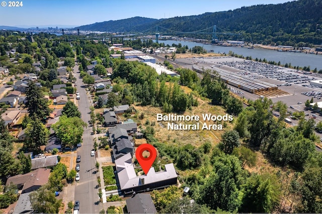 bird's eye view featuring a water and mountain view