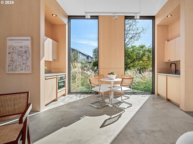 interior space with floor to ceiling windows and track lighting