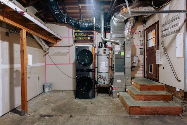 utility room with stacked washer and dryer and secured water heater