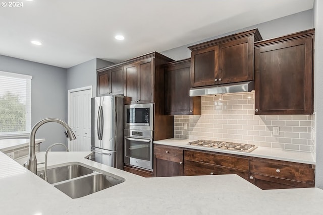 kitchen featuring sink, dark brown cabinets, stainless steel appliances, and tasteful backsplash