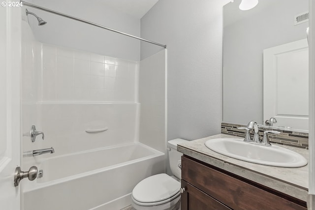 full bathroom featuring vanity, toilet, shower / tub combination, and backsplash