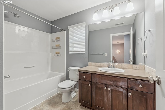 full bathroom with toilet, shower / bathing tub combination, vanity, and tile patterned floors