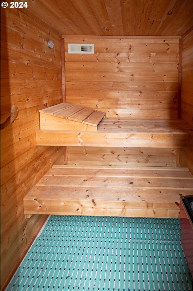 view of sauna featuring wood walls