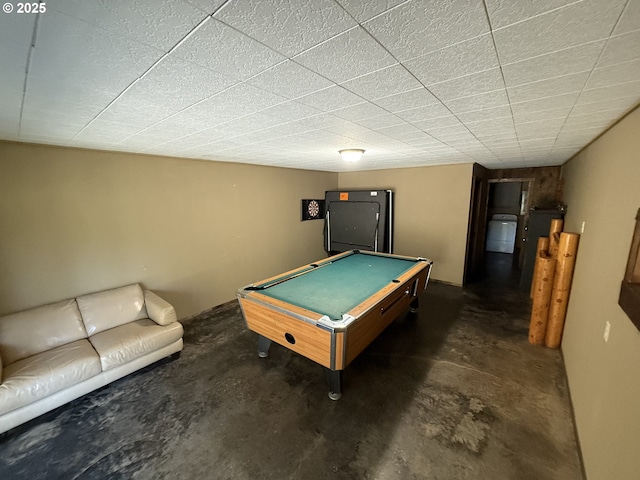 2822 S Tenmile Lk, Lakeside, OR 97449 - game room with unfinished concrete flooring, a drop ceiling, billiards, and washer / dryer