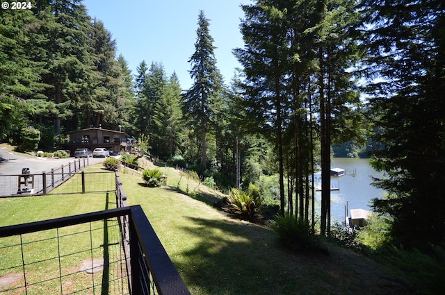 view of yard with a water view and fence