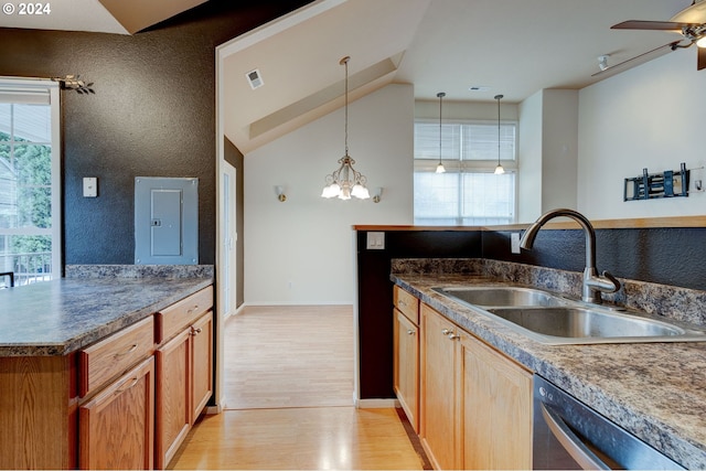 kitchen with sink, stainless steel dishwasher, light hardwood / wood-style floors, decorative light fixtures, and lofted ceiling