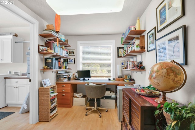 office space featuring a textured ceiling and light hardwood / wood-style flooring