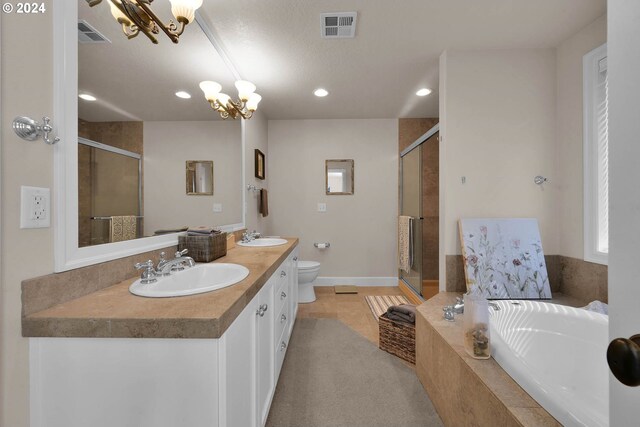 full bathroom with independent shower and bath, toilet, a notable chandelier, and vanity