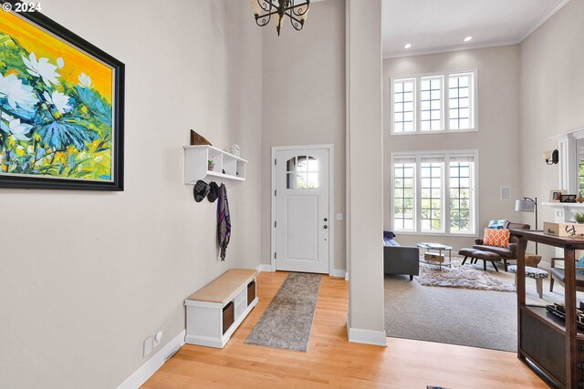 foyer with crown molding, a high ceiling, and light hardwood / wood-style floors