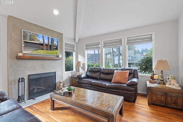 living room featuring a large fireplace, lofted ceiling, and light hardwood / wood-style flooring